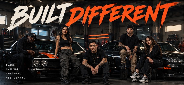 Built Different cast posed with cars in a garage